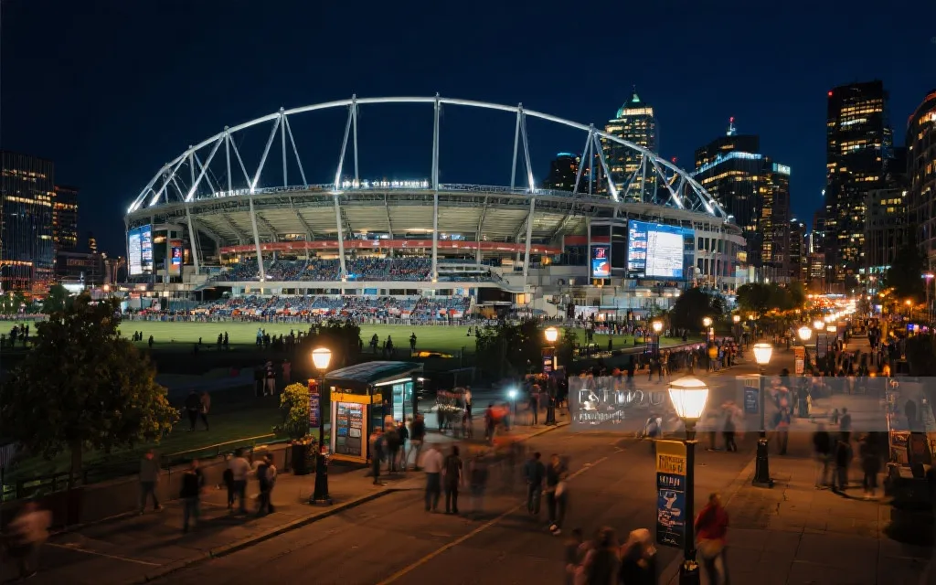 温哥华BC Place周边比赛日人流动线与城市夜景概念图